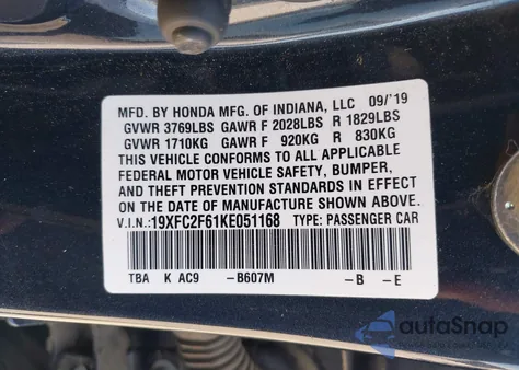 2019 Honda Civic Lx from USA, damaged, VIN 19XFC2F61KE051168
